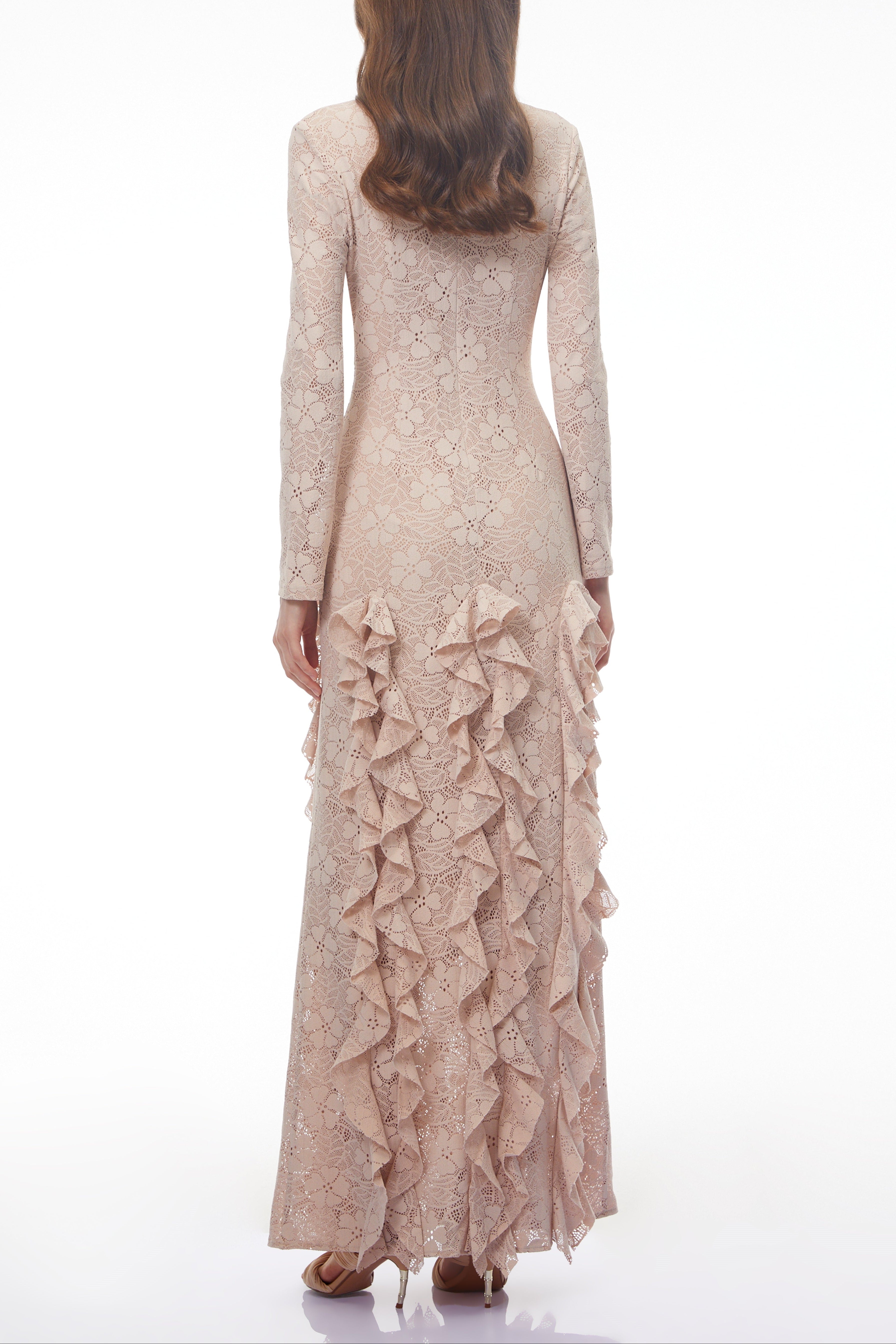 Michelle Nude Floral Lace Ruffled Maxi Dress Avalabel