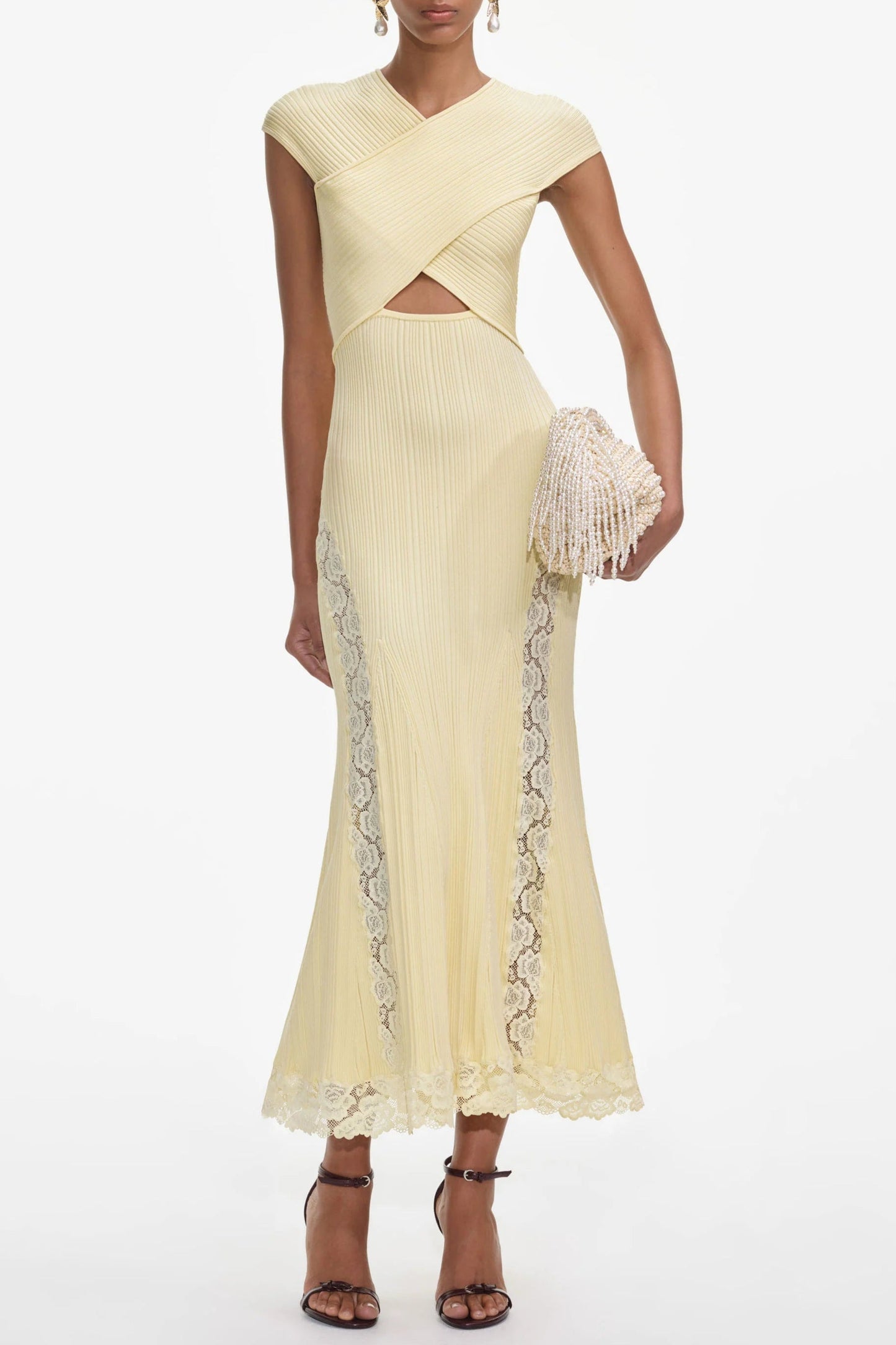 Yellow Knit Lace Insert Midi Dress Avalabel