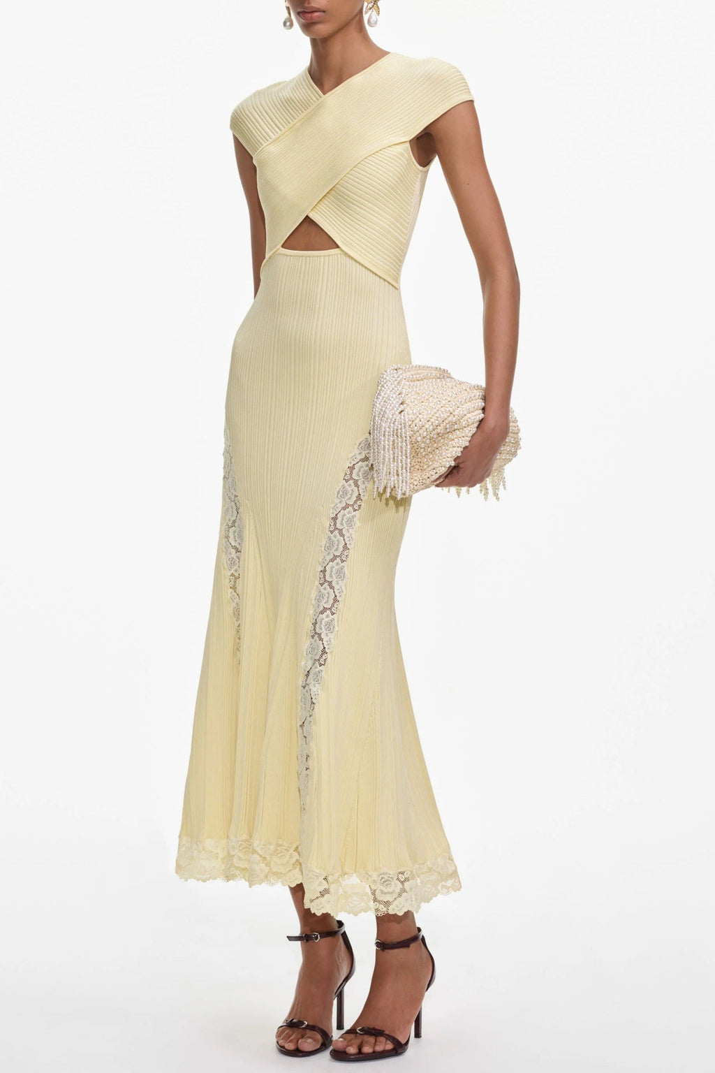 Yellow Knit Lace Insert Midi Dress Avalabel