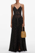 Lace Dot Belted Pleated Maxi Dress Avalabel
