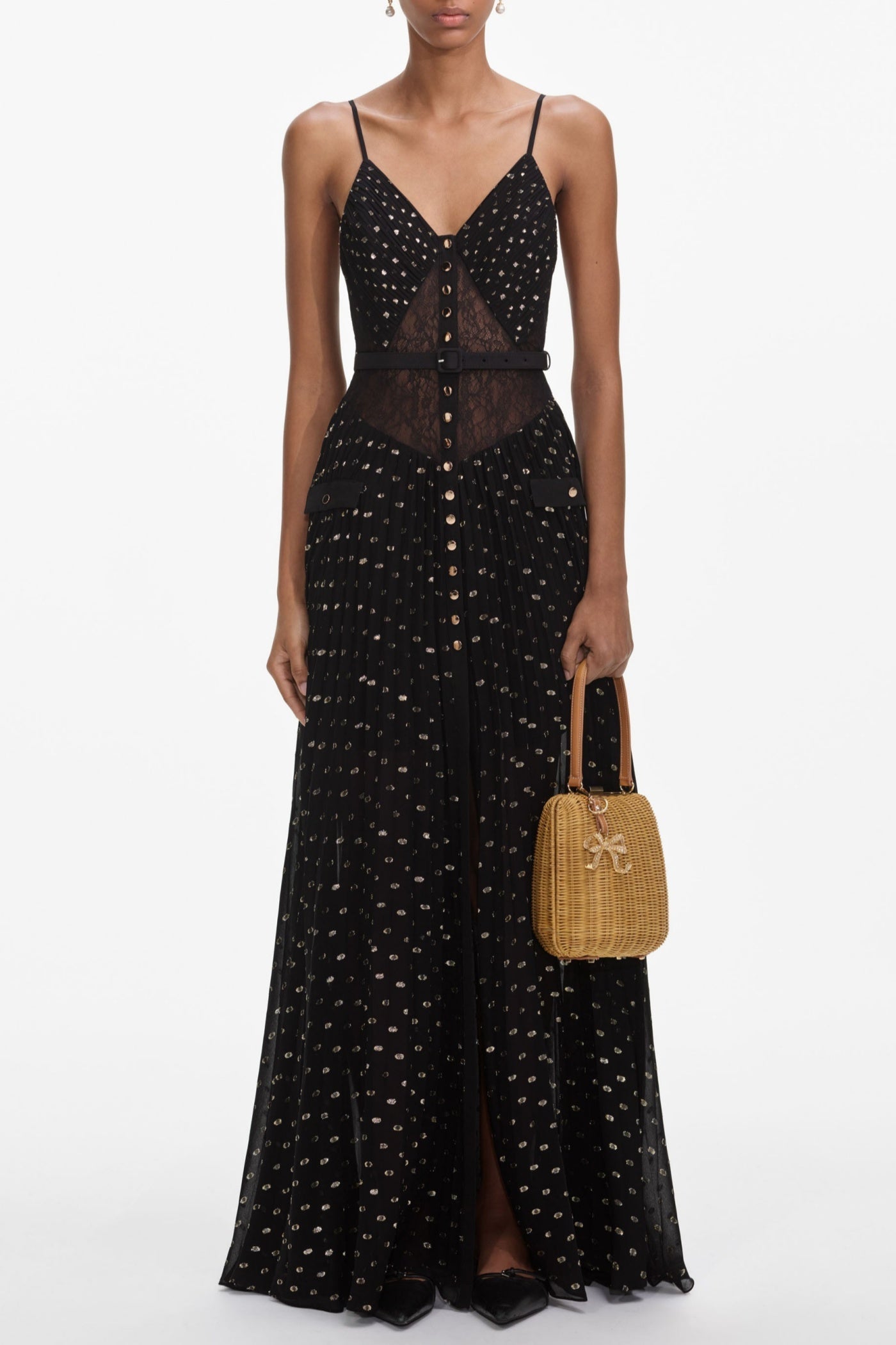 Lace Dot Belted Pleated Maxi Dress Avalabel