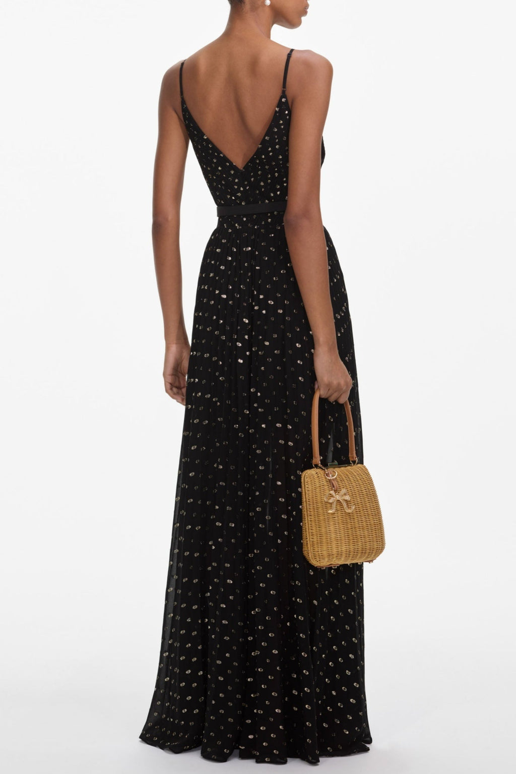Lace Dot Belted Pleated Maxi Dress Avalabel