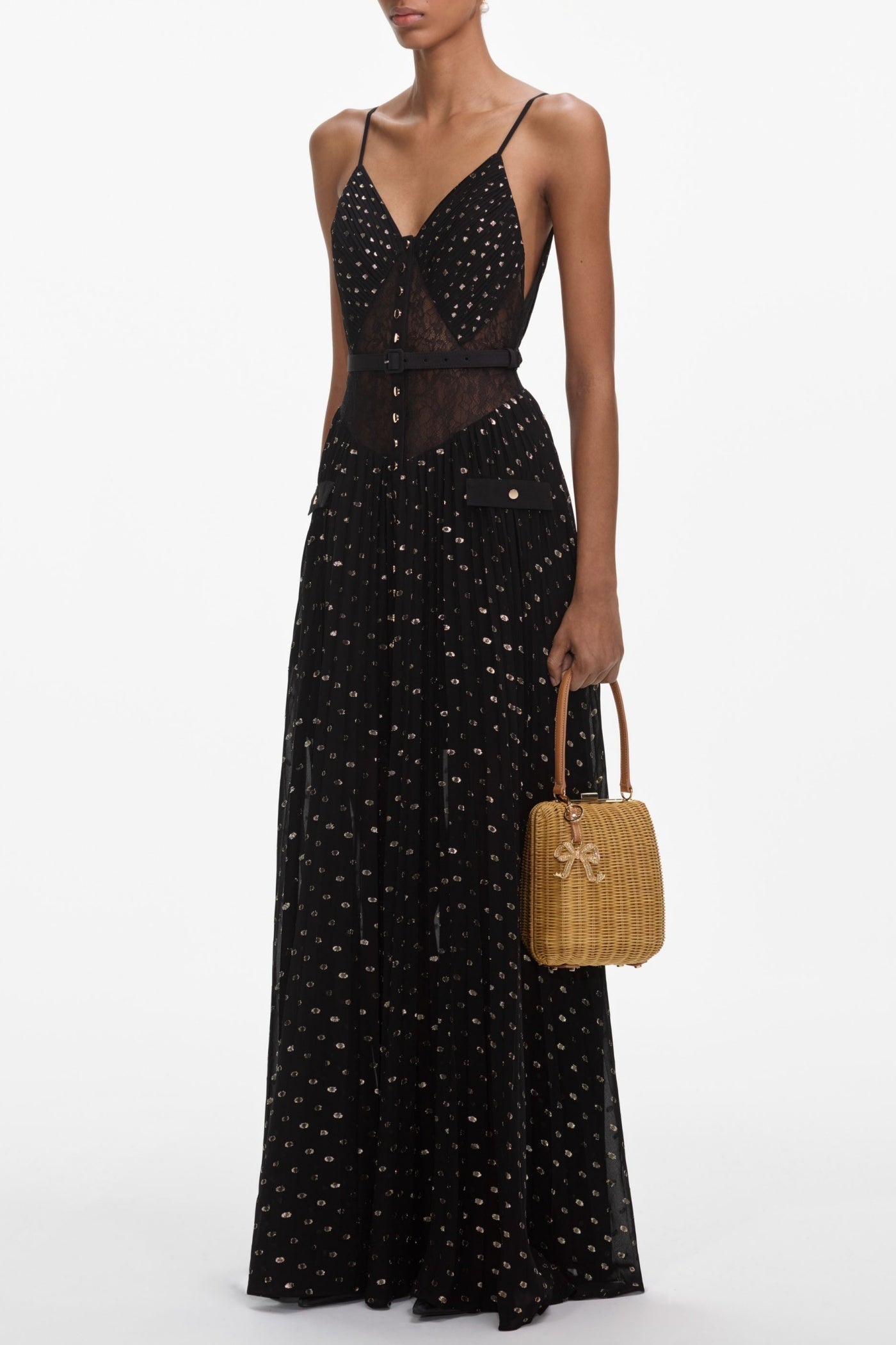 Lace Dot Belted Pleated Maxi Dress Avalabel