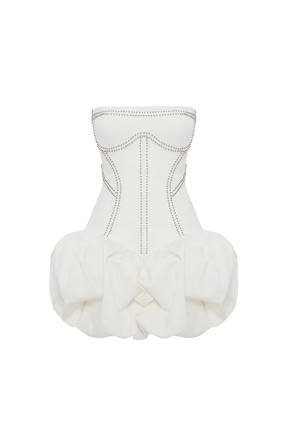 regina strapless puffy mini dress in off-white