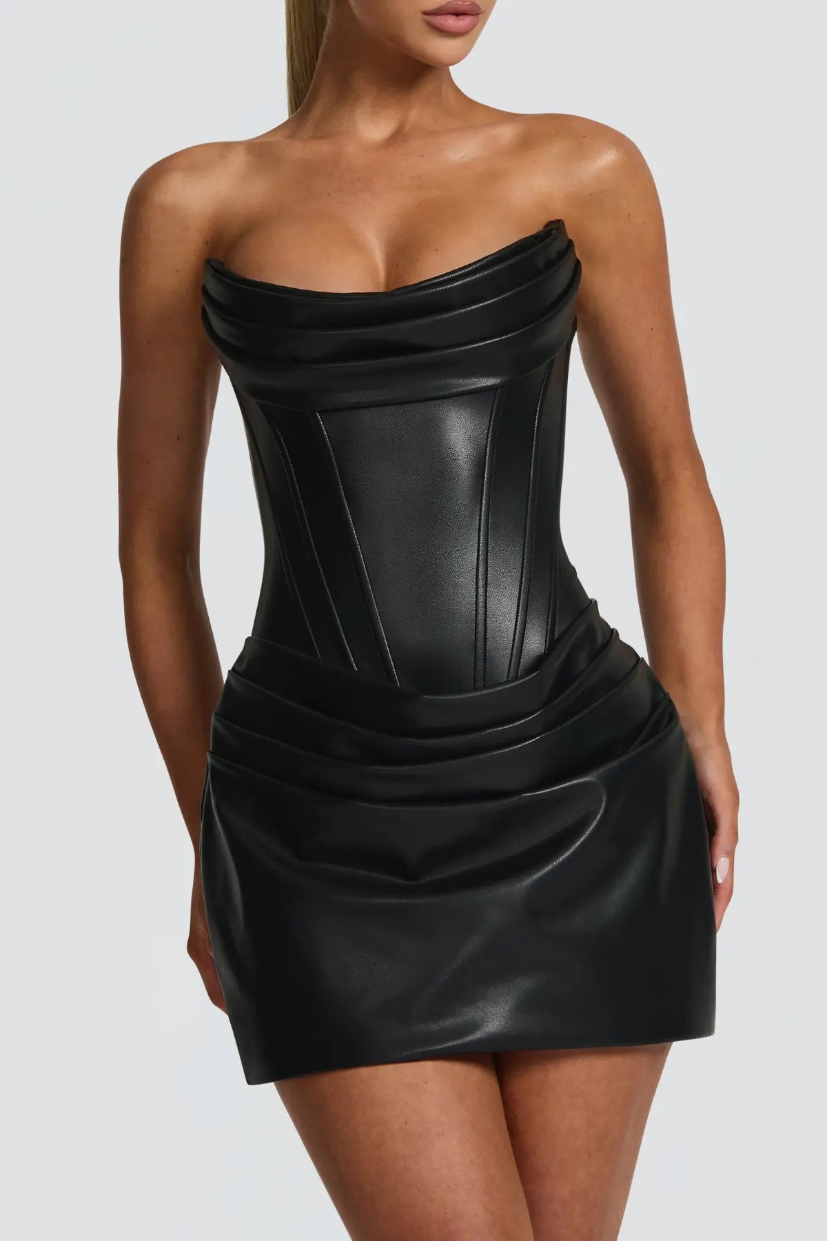 Zaire Strapless Corset Leather Mini Dress - Black Avalabel