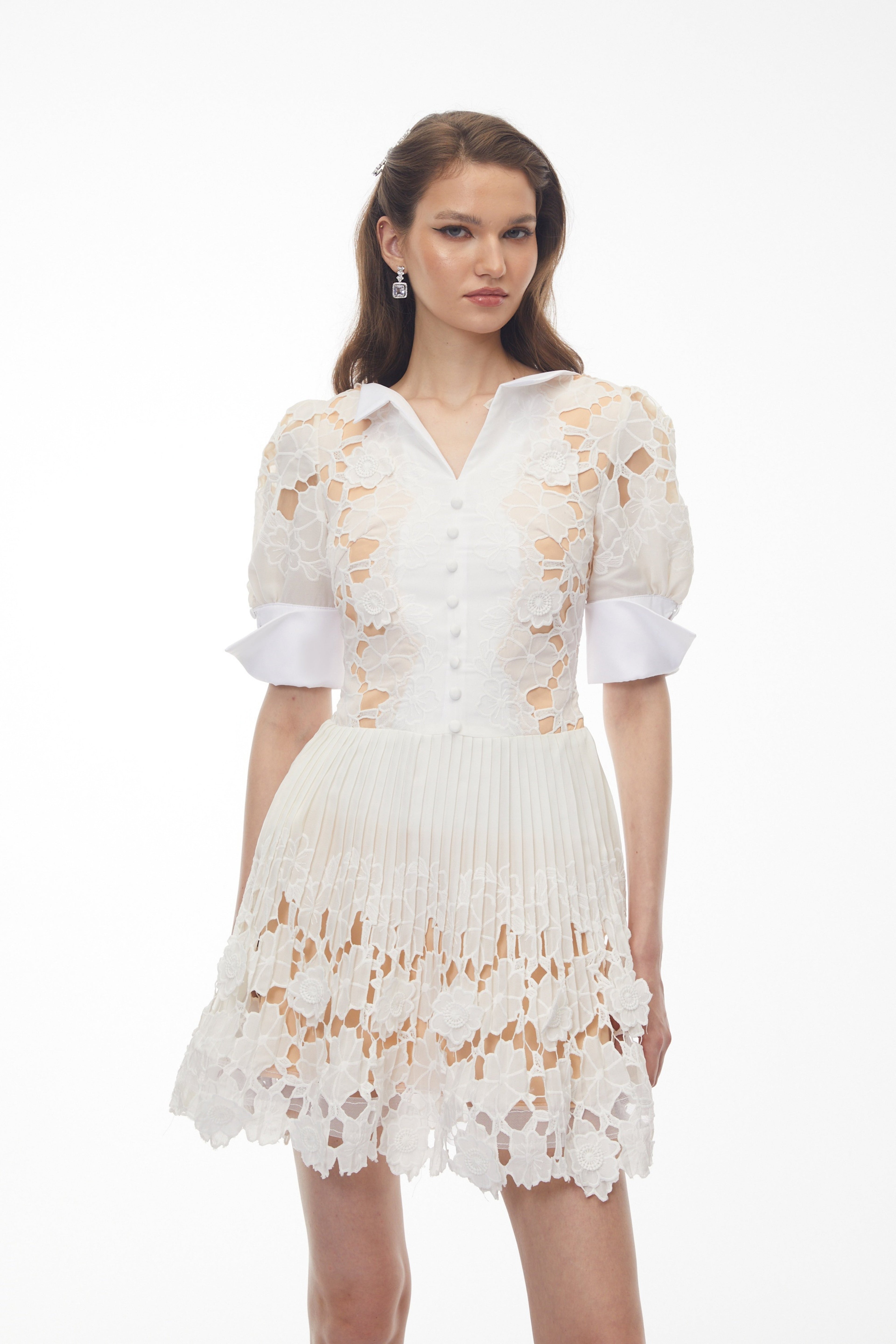 Selena White Floral Appliqué Mini Dress with Cut-Outs Avalabel