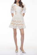 Selena White Floral Appliqué Mini Dress with Cut-Outs Avalabel