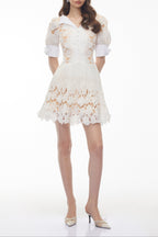 Selena White Floral Appliqué Mini Dress with Cut-Outs Avalabel