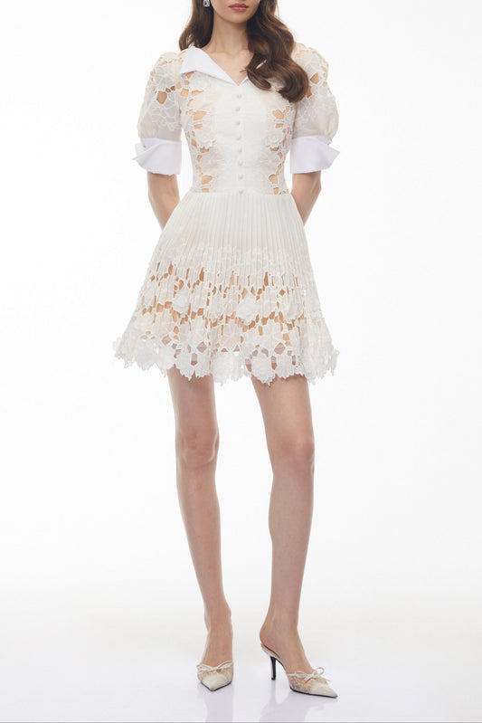 Selena White Floral Appliqué Mini Dress with Cut-Outs Avalabel