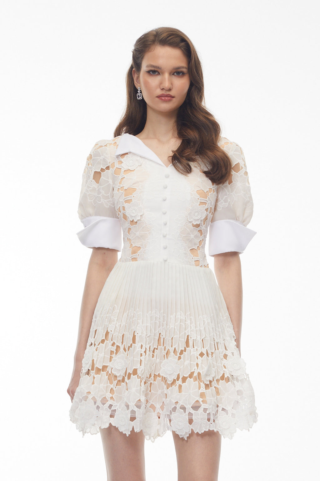 Selena White Floral Appliqué Mini Dress with Cut-Outs Avalabel