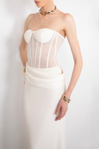 priscilla Strapless Veiled Corset Maxi Dress in white Avalabel