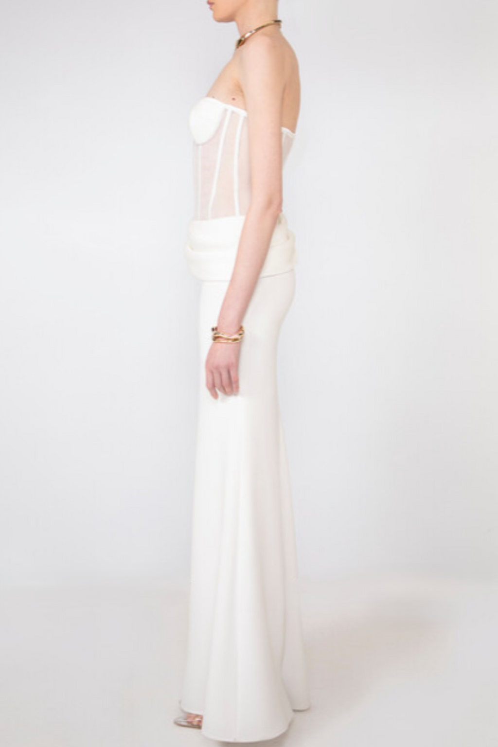 priscilla Strapless Veiled Corset Maxi Dress in white Avalabel