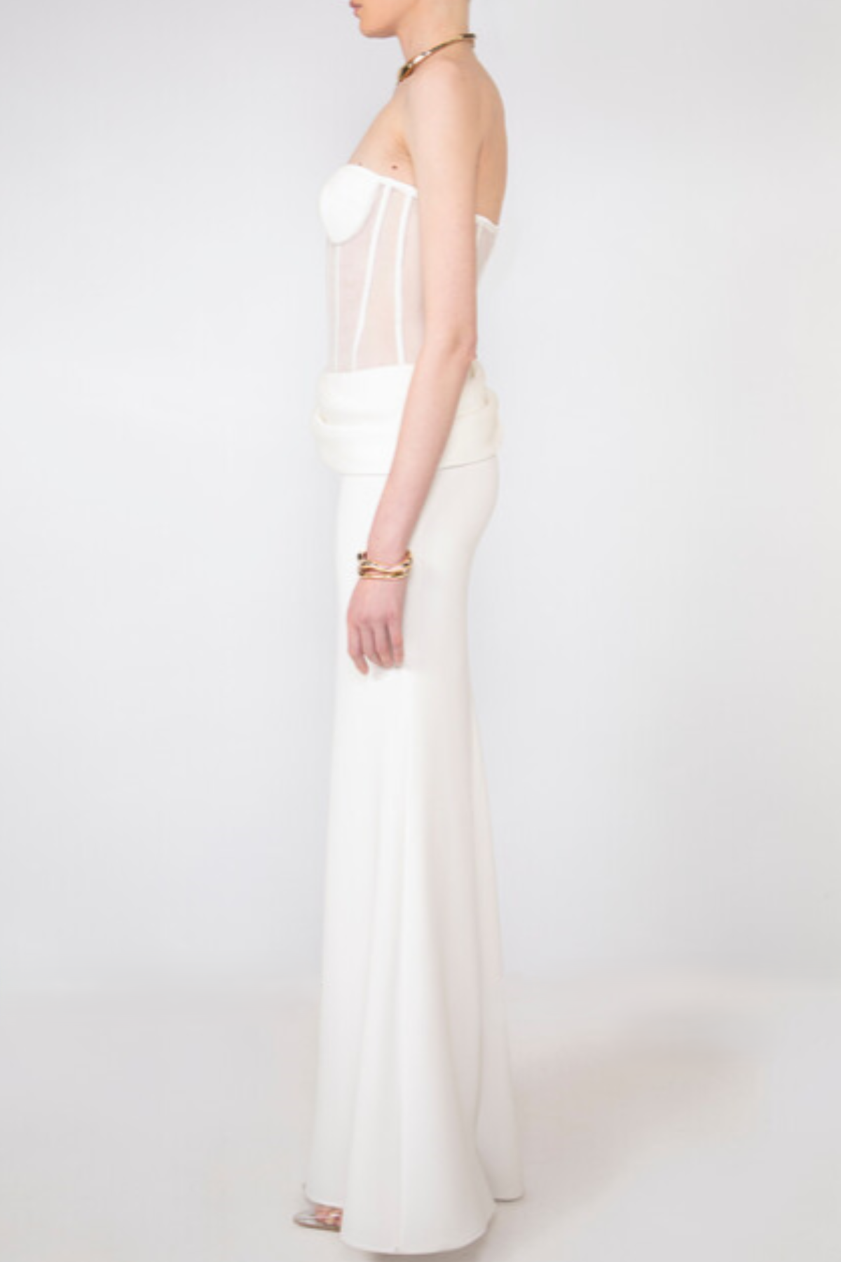 priscilla Strapless Veiled Corset Maxi Dress in white Avalabel
