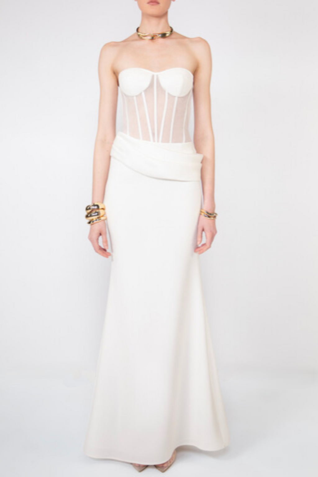 priscilla Strapless Veiled Corset Maxi Dress in white Avalabel