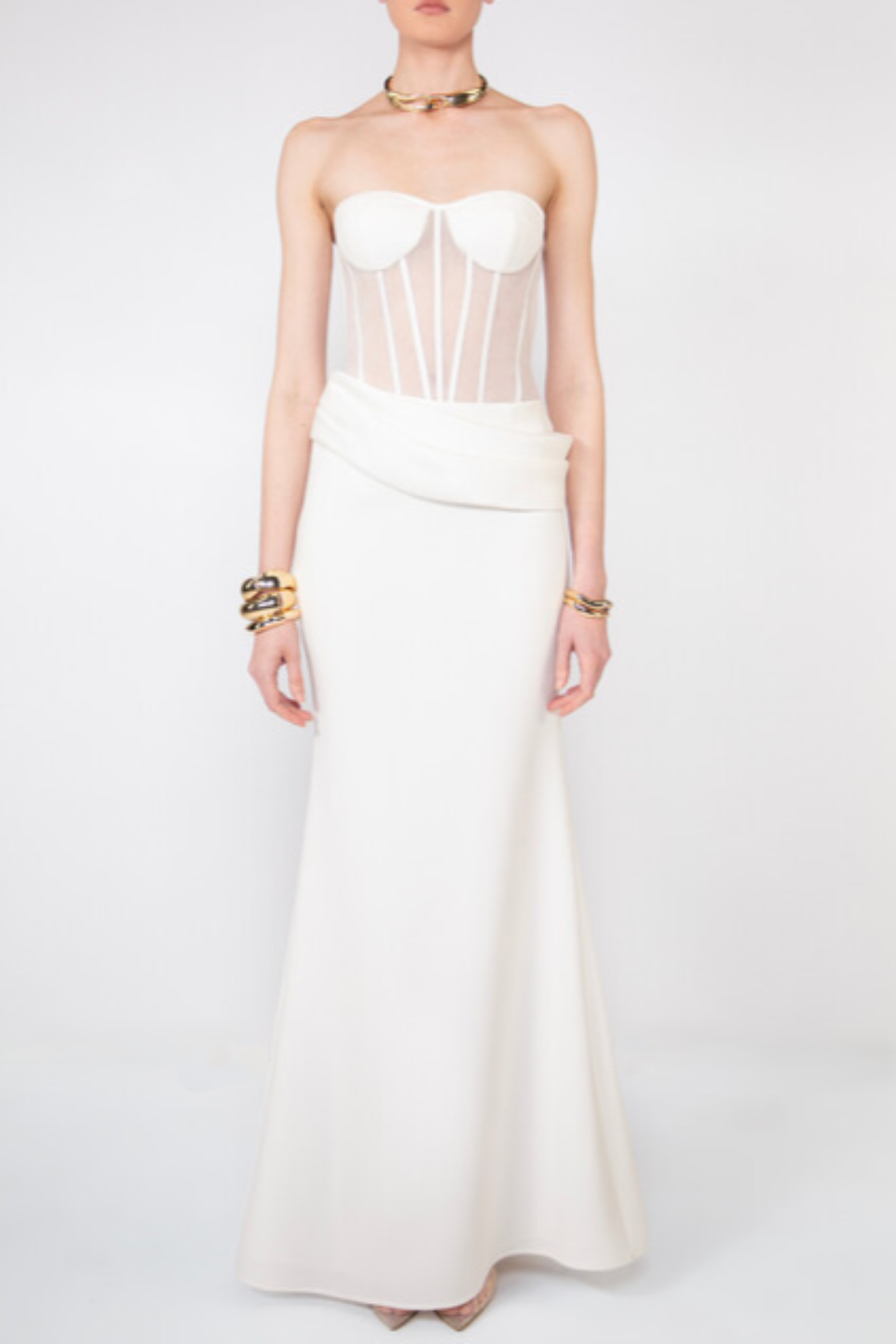 priscilla Strapless Veiled Corset Maxi Dress in white Avalabel