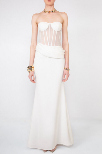 priscilla Strapless Veiled Corset Maxi Dress in white