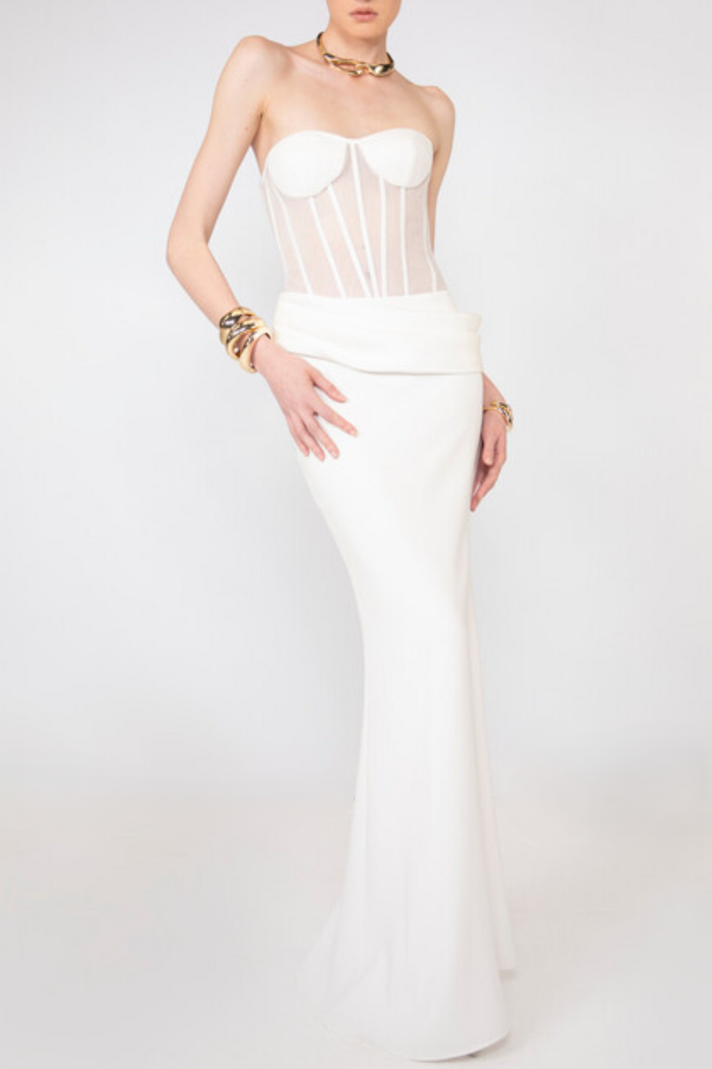 priscilla Strapless Veiled Corset Maxi Dress in white Avalabel