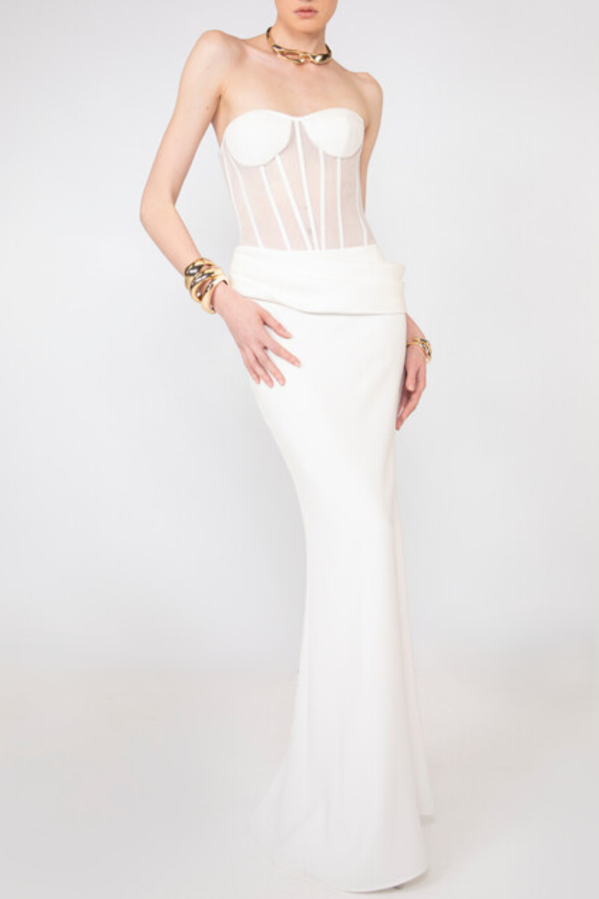 priscilla Strapless Veiled Corset Maxi Dress in white Avalabel
