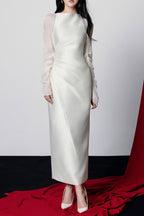 Griselda Boat Neck Gathered Midi Dress in Ivory Avalabel