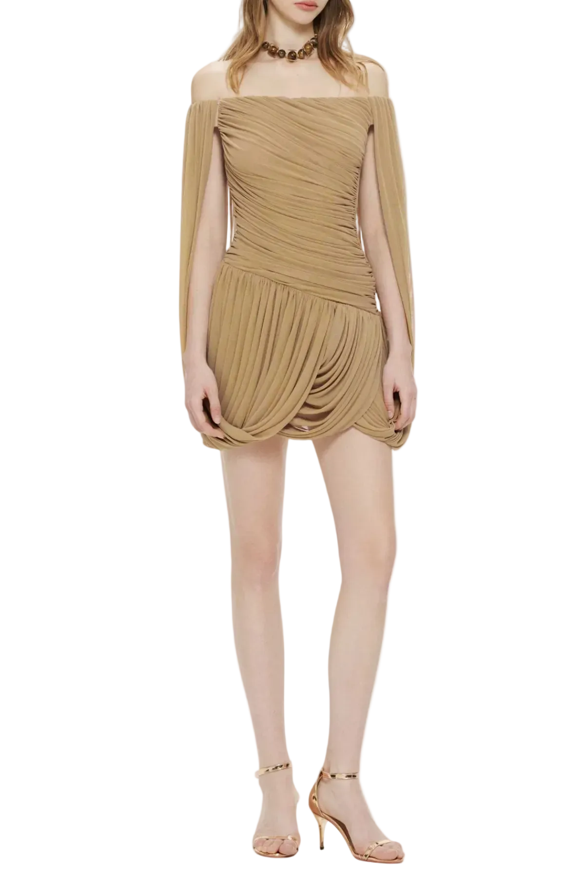 Zhuria Off Shoulder Draped Mini Dress - Khaki Avalabel