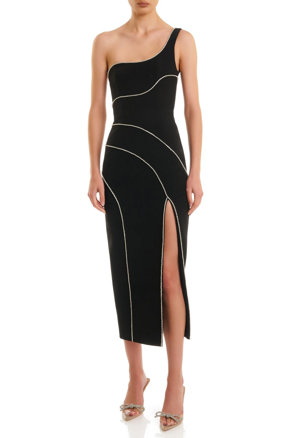 Zoraida Diamante One Shoulder Split Midi Bandage Dress Avalabel