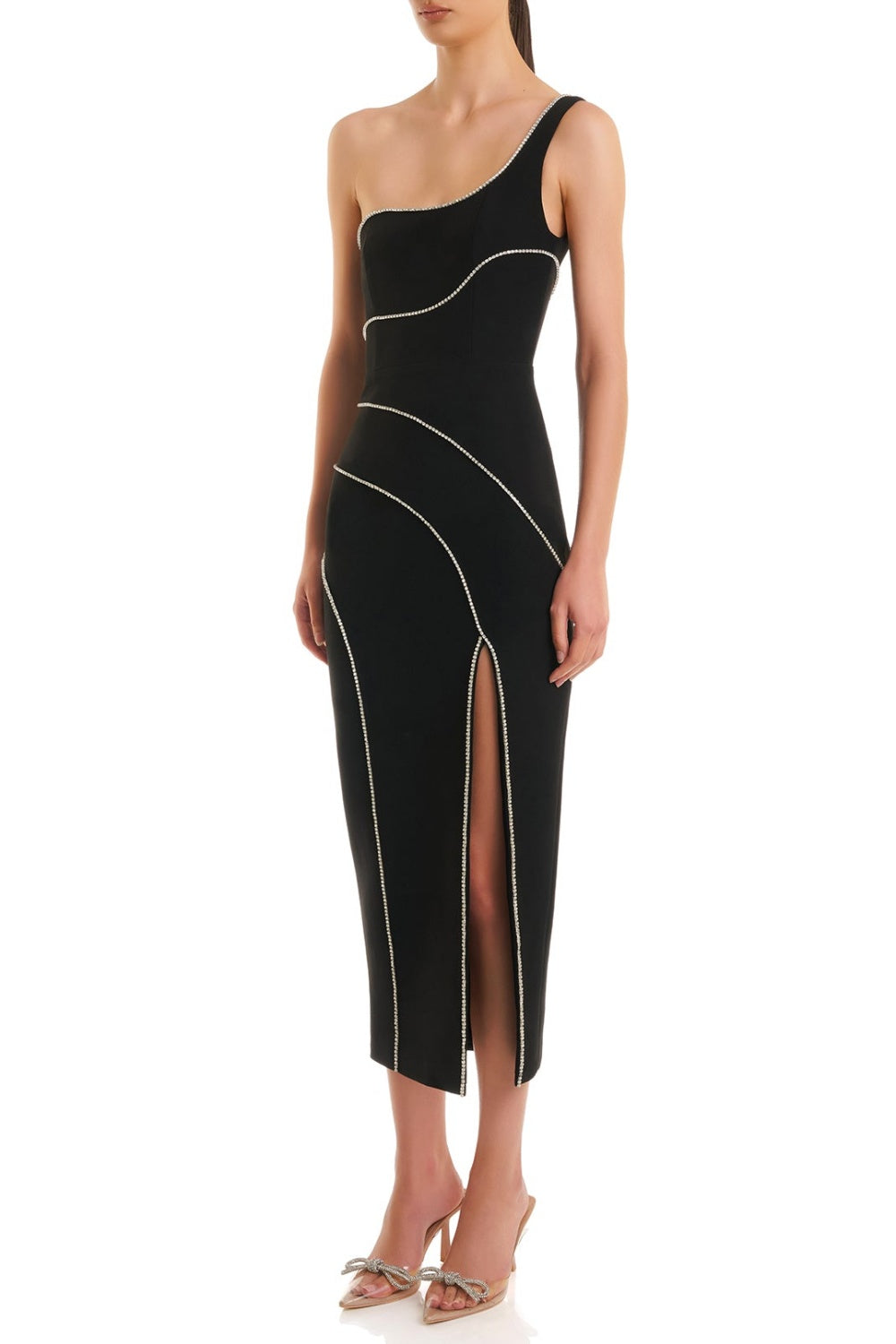 Zoraida Diamante One Shoulder Split Midi Bandage Dress Avalabel