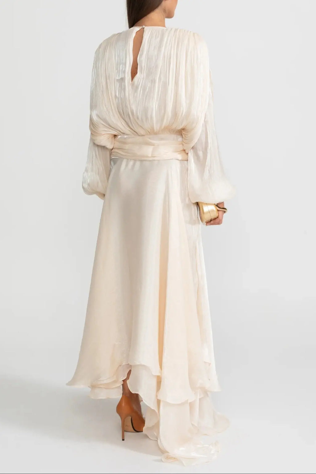 ivory Pleated Bodice Draped puff sleeve Maxi Dress Avalabel