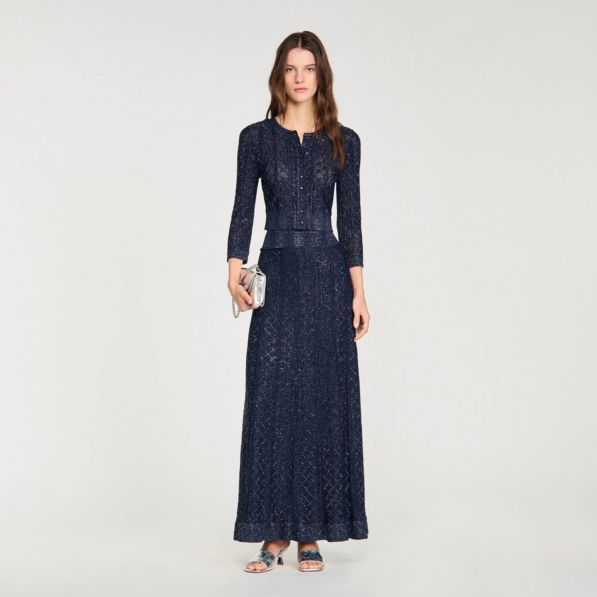 alexandra Rhinestone knit maxi skirt in navy blue Avalabel