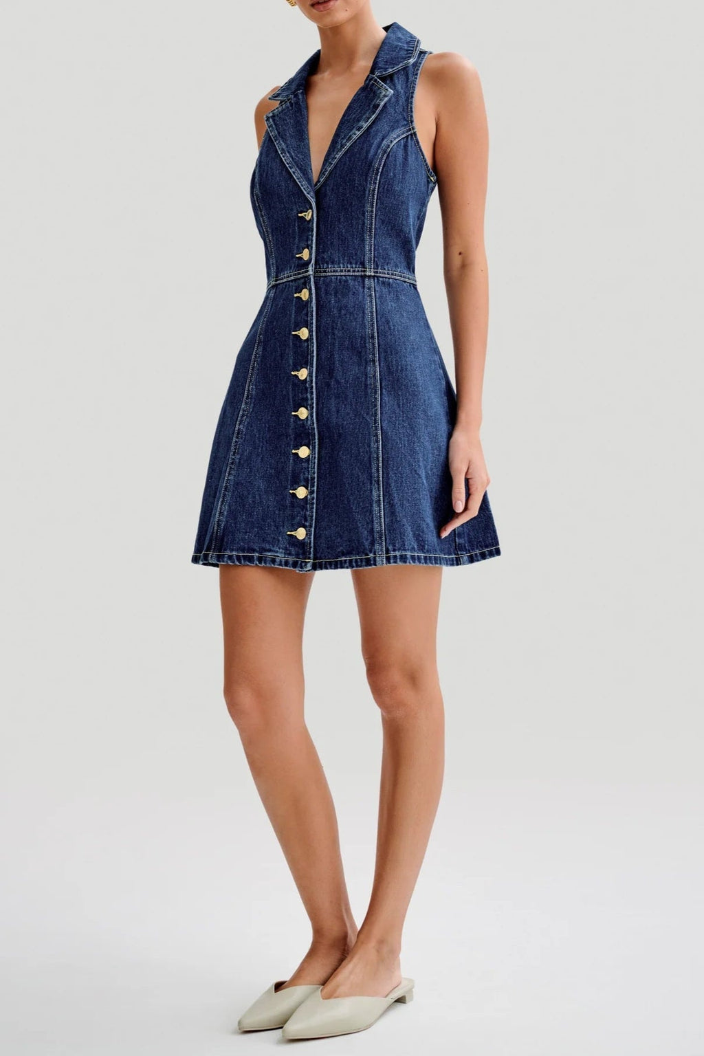 Eartha Collared Denim Mini Dress - Dark Blue Avalabel