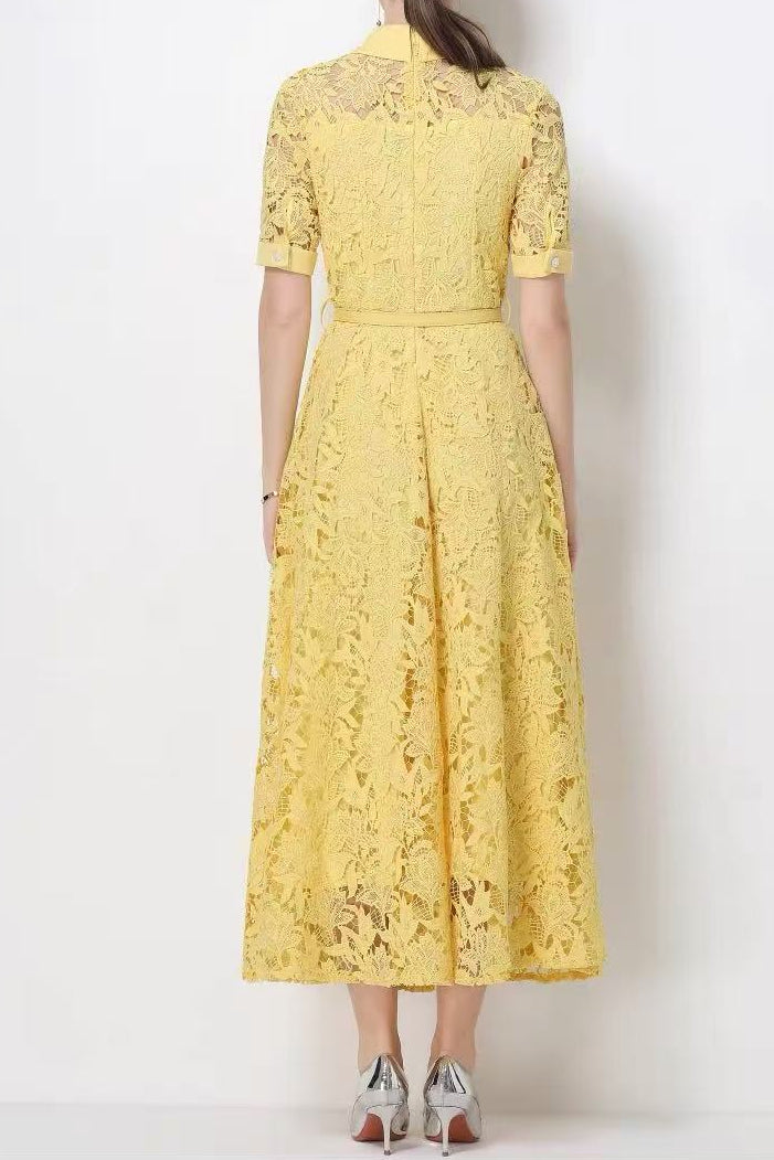 Lace Collared Belted Midi Dress Avalabel