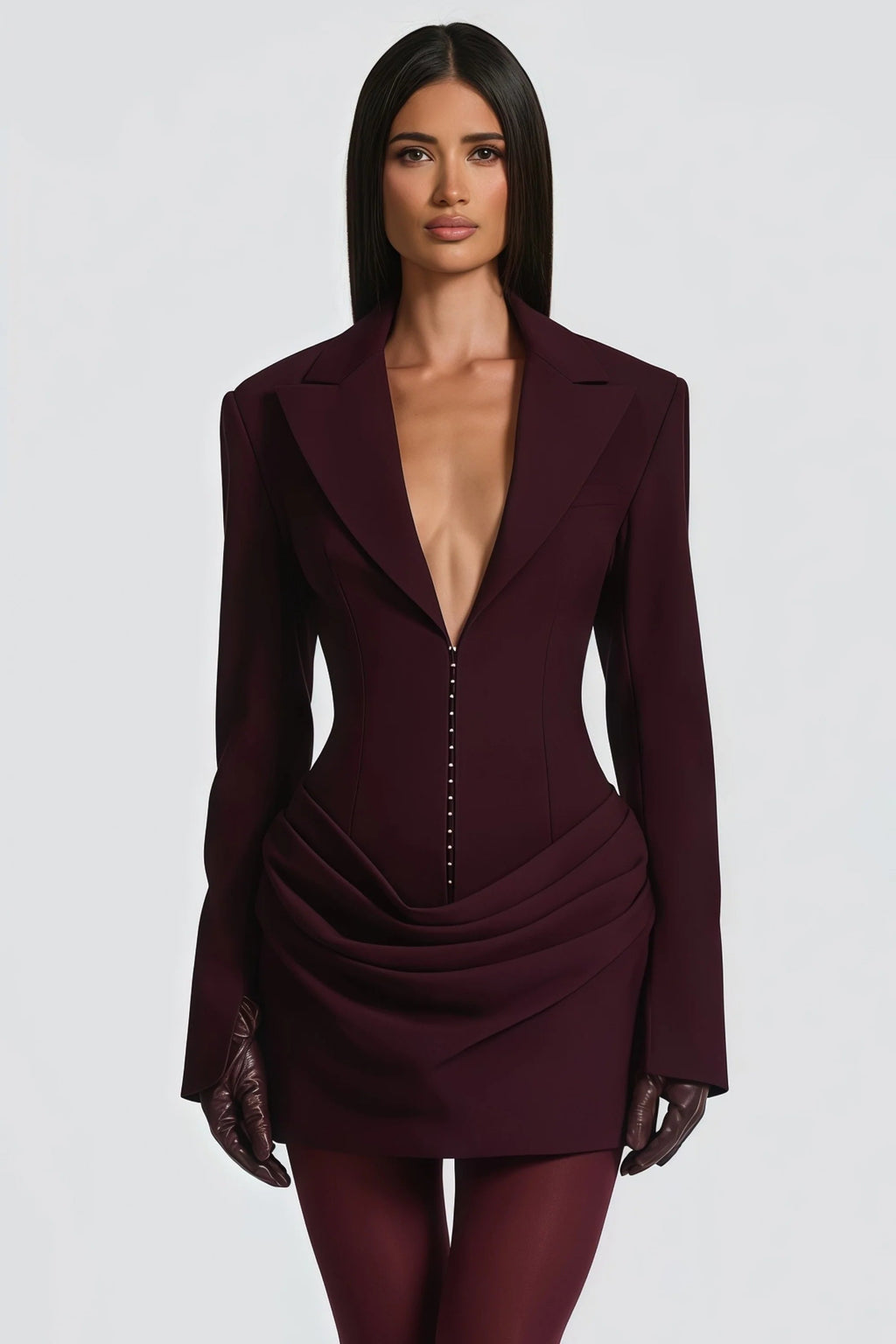 amelia v-neck ruched Blazer Mini Dress in Wine Red Avalabel