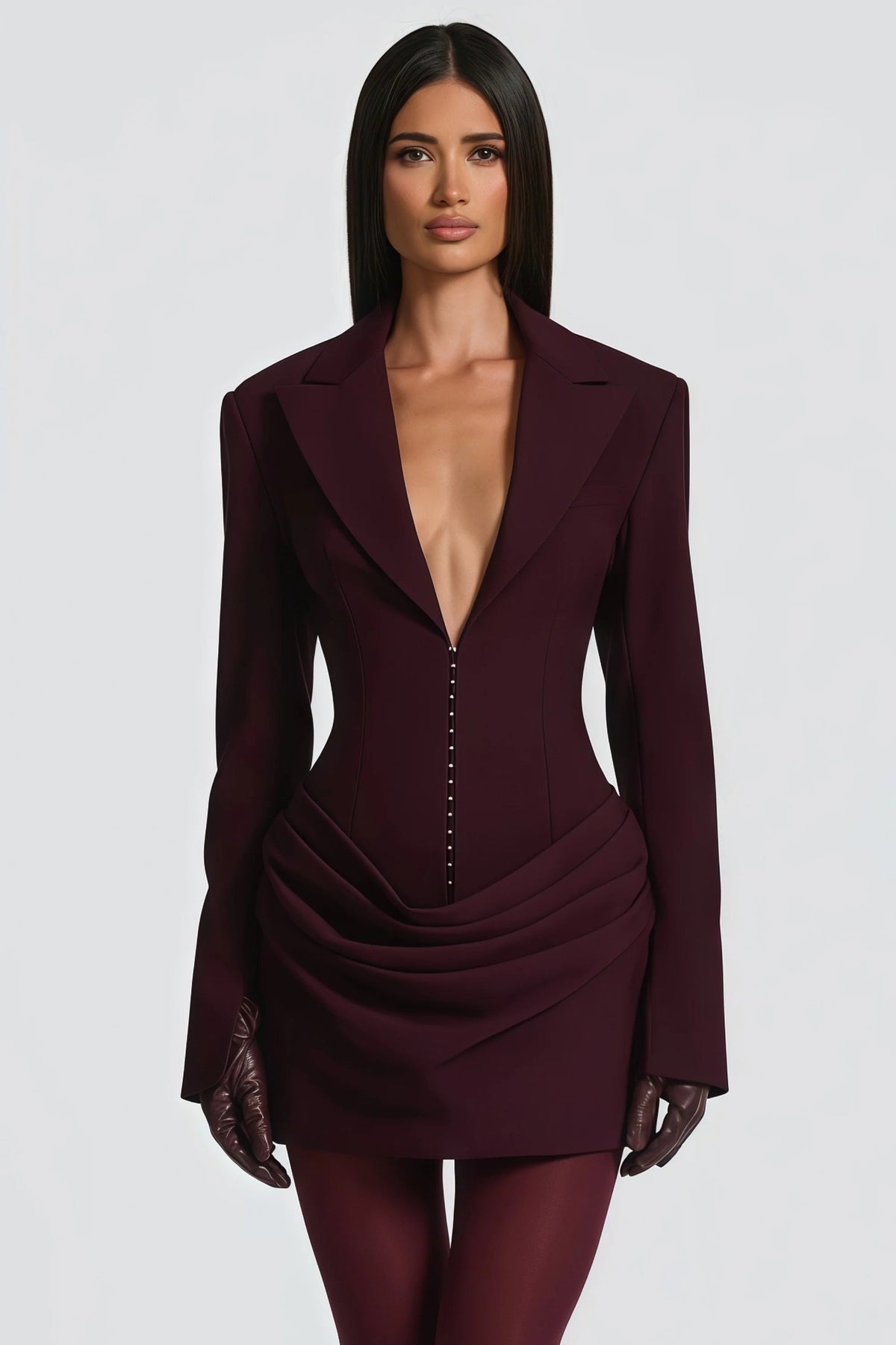 amelia v-neck ruched Blazer Mini Dress in Wine Red Avalabel