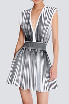 Two-Tone V-Neck Sleeveless Flared Knit Mini Dress Avalabel