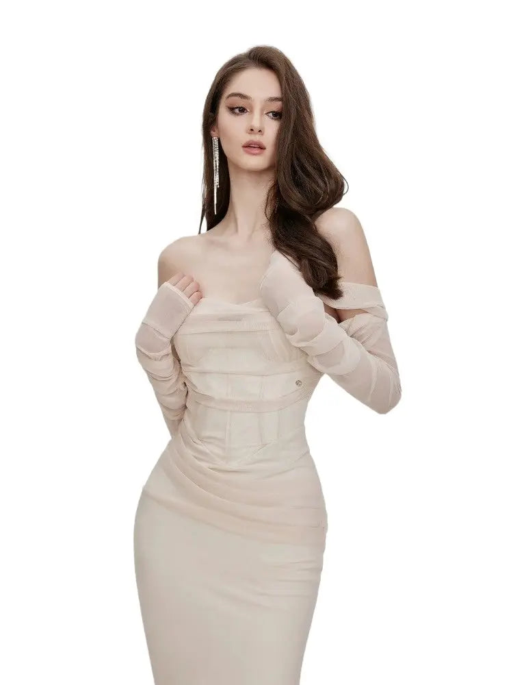 Ariel Apricot Mesh Off-Shoulder Mermaid Maxi Dress Avalabel