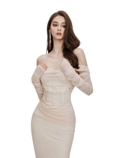 Ariel Apricot Mesh Off-Shoulder Mermaid Maxi Dress