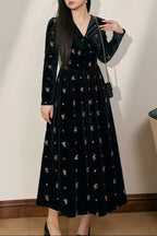 yuri v-neck Floral Embroidered Velvet maxi Dress in black Avalabel