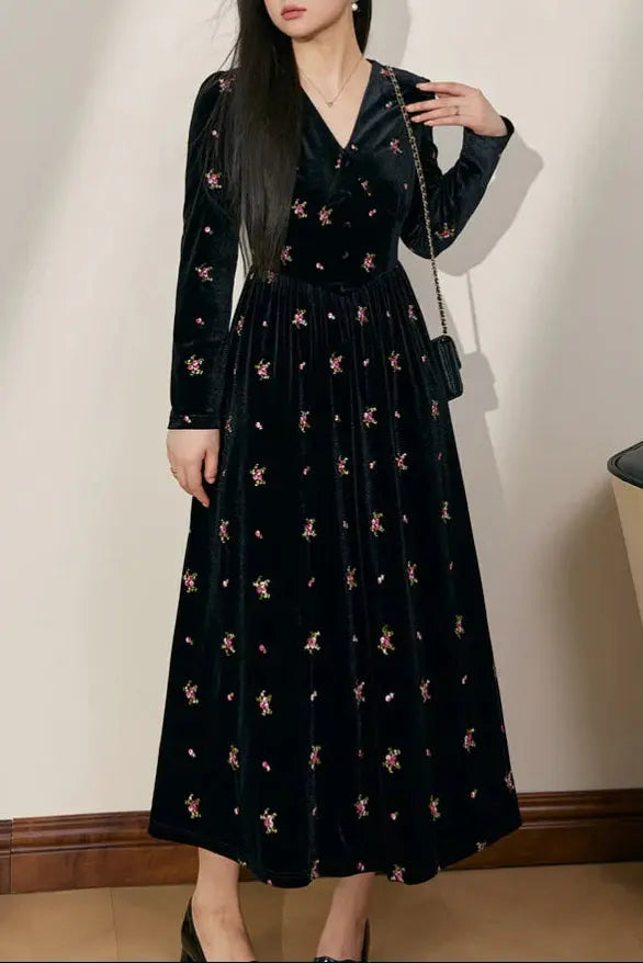 yuri v-neck Floral Embroidered Velvet maxi Dress in black Avalabel