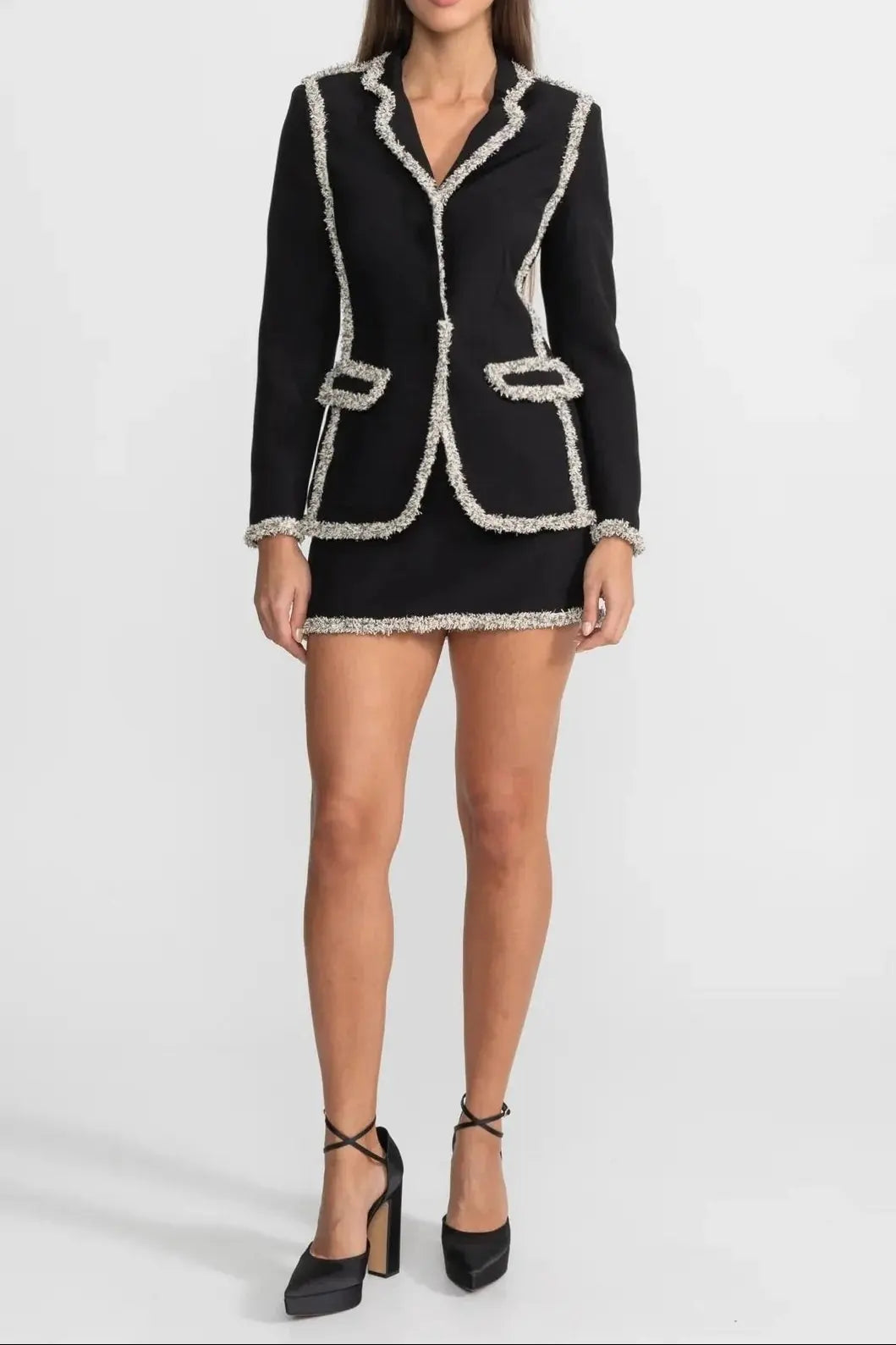 june Tweed Trim Blazer Matching Mini Skirt set - Black Avalabel