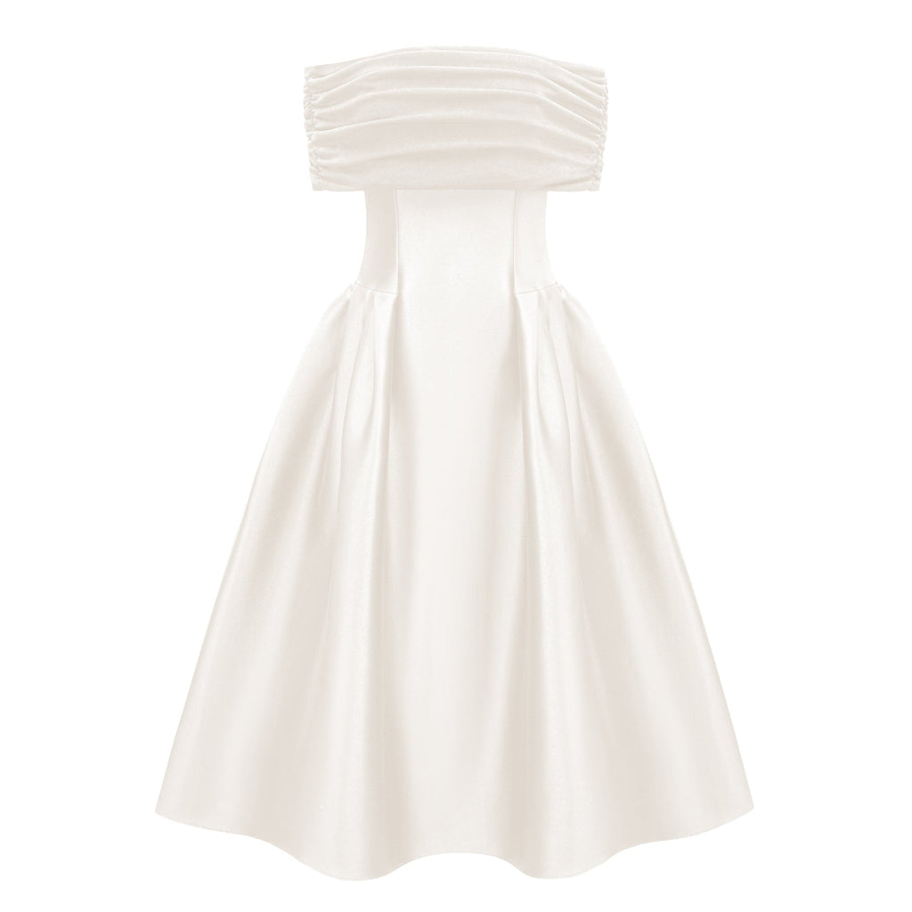 Ainara Off-the-Shoulder Satin White Midi Dress Avalabel