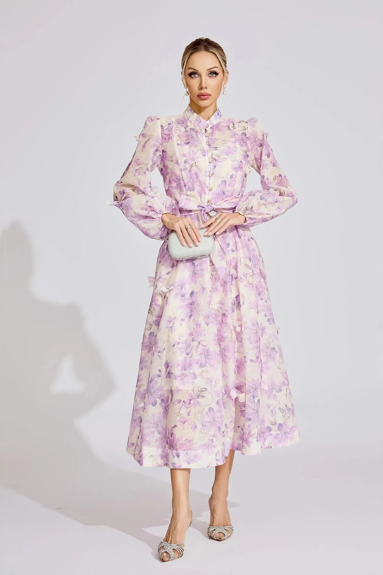 simona Floral print lantern sleeve Maxi Dress in purple Avalabel