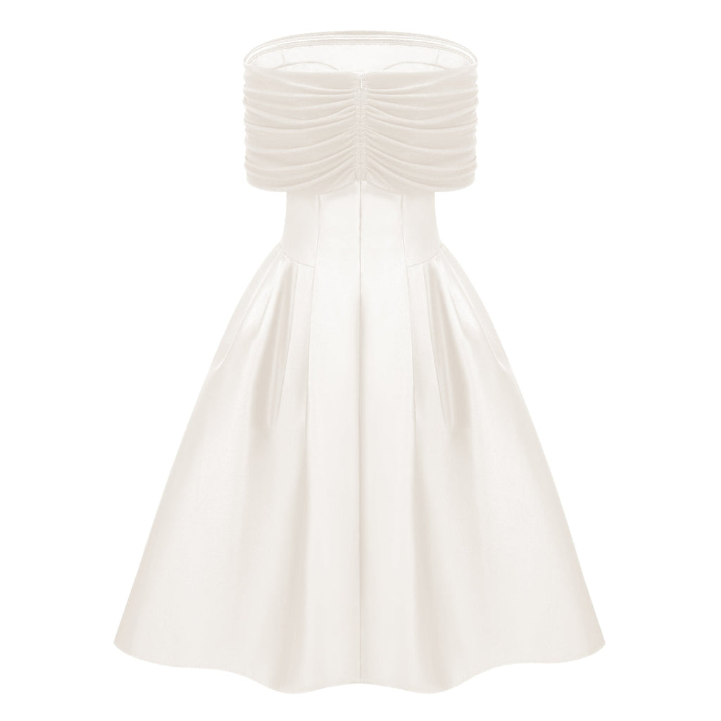 Ainara Off-the-Shoulder Satin White Midi Dress Avalabel