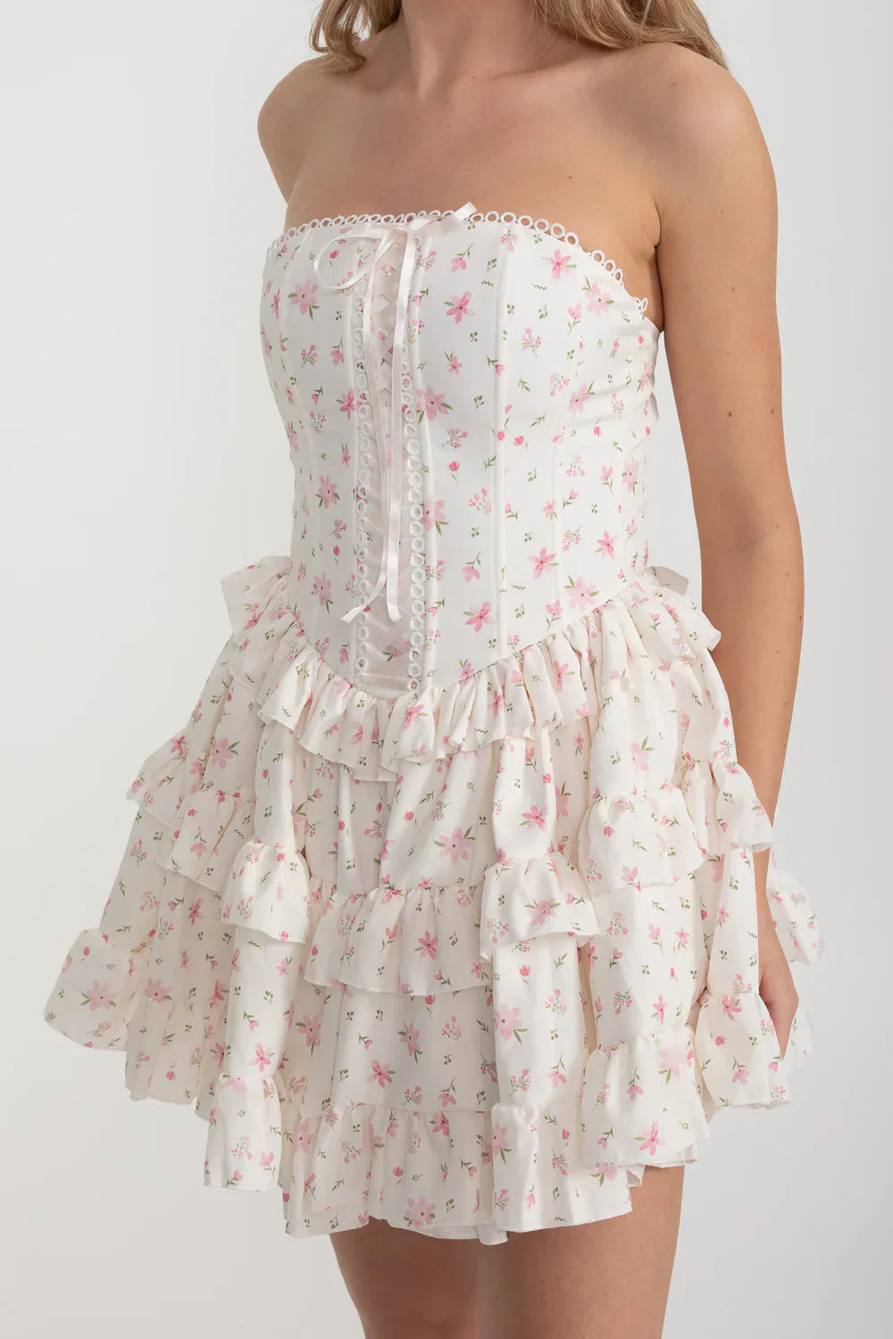 Martha Ruffle Printed Strapless Mini Dress in Pink Avalabel