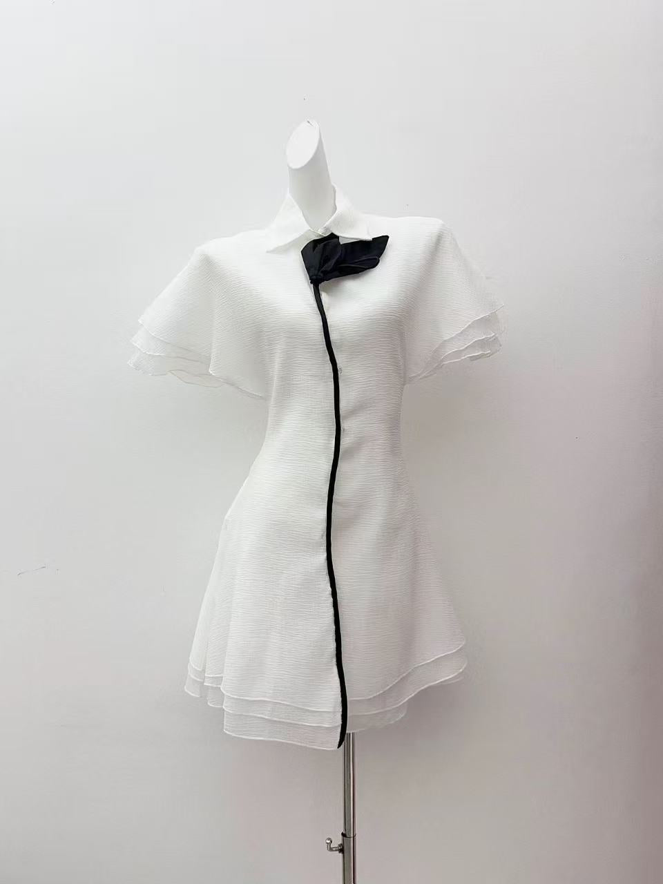 Layer Trim Chiffon Shirt Mini Dress in White Avalabel