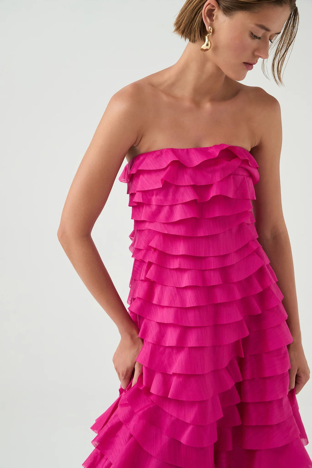 Cathy Pleated Layer Strapless Maxi Dress in Rose Red Avalabel