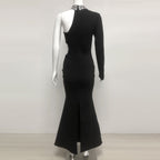 Crystal Embellished One-Sleeve Cut-Out Maxi Dress in black Avalabel