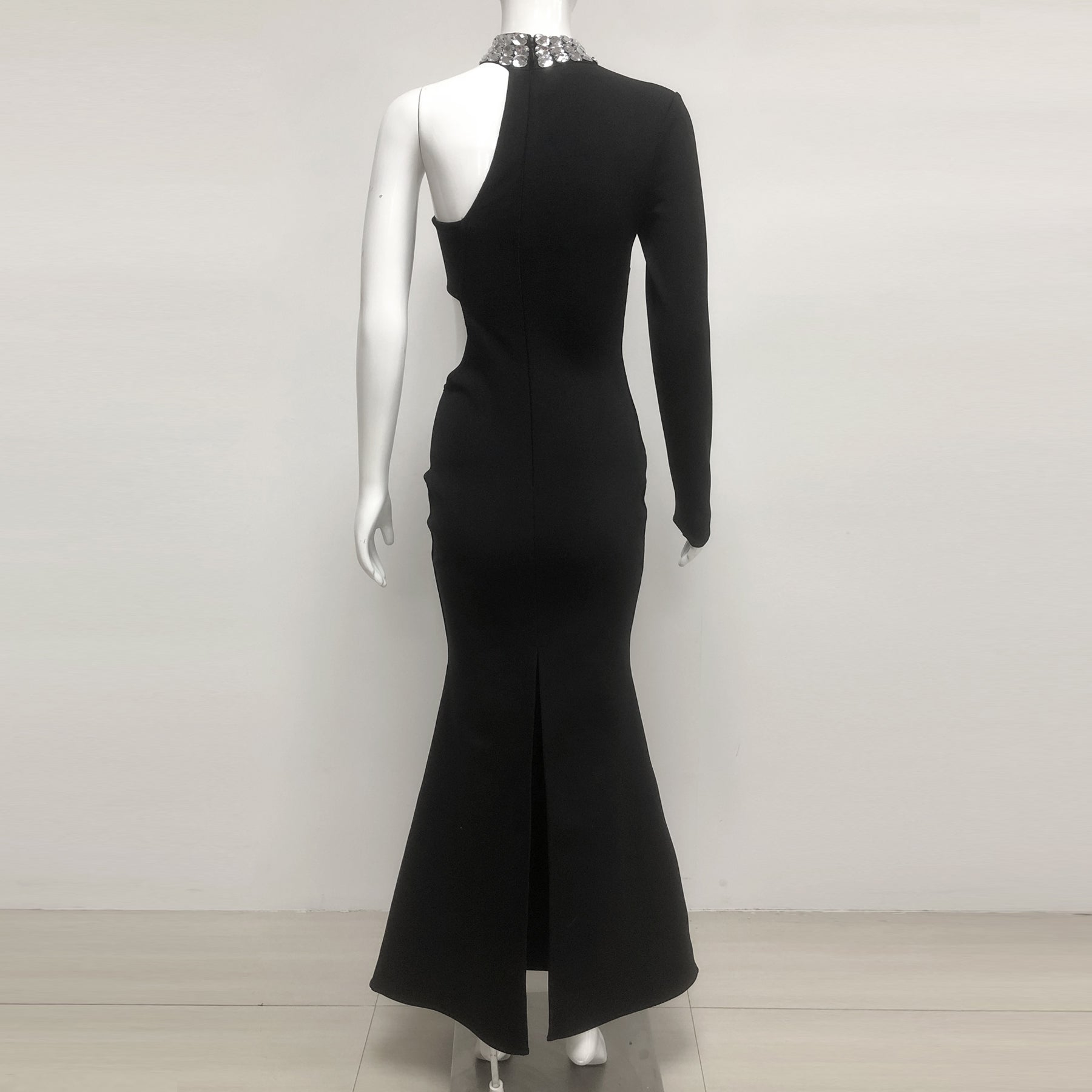 Crystal Embellished One-Sleeve Cut-Out Maxi Dress in black Avalabel