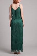 Spaghetti Strap V-Neck Layered Fringe Maxi Dress poava