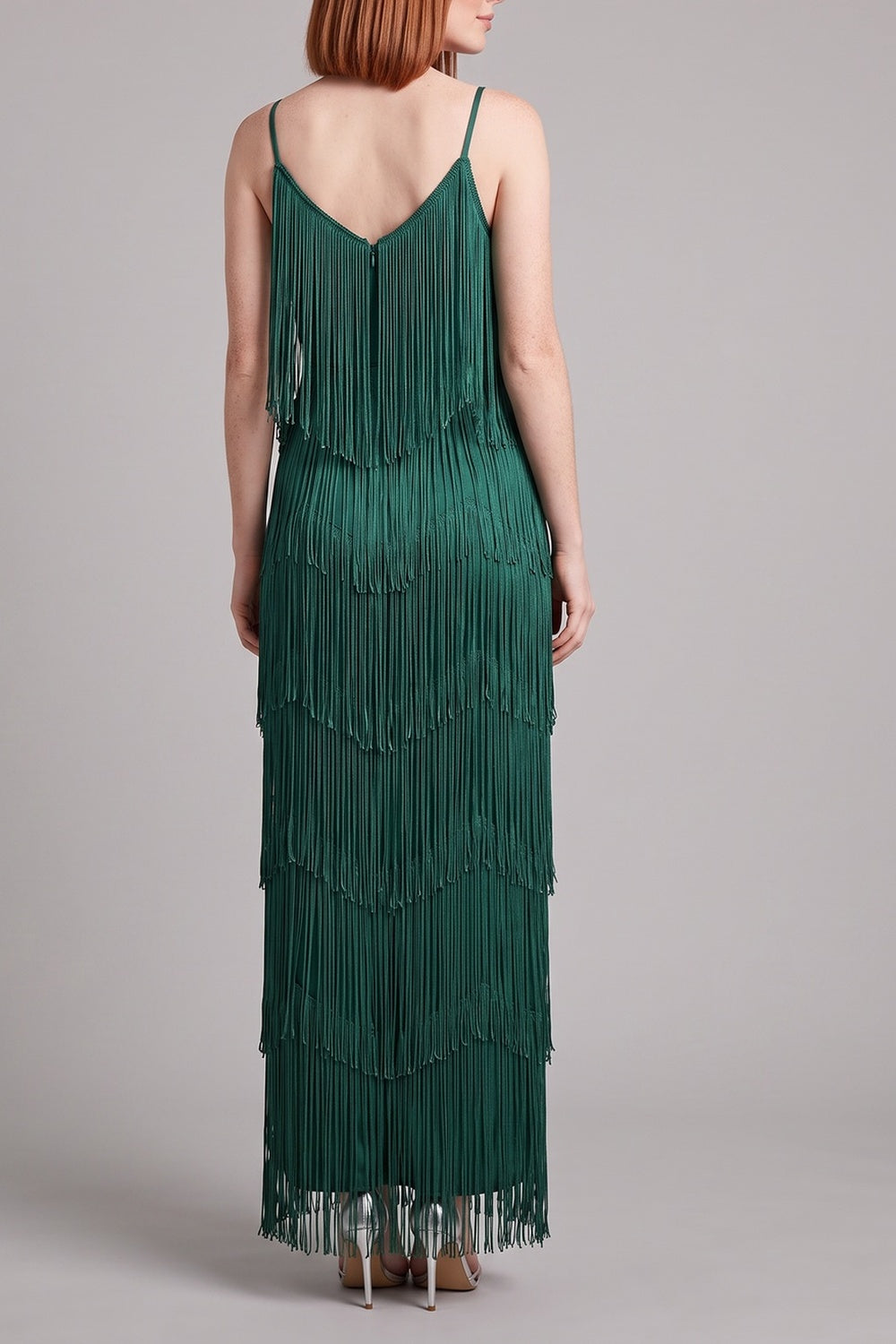 Spaghetti Strap V-Neck Layered Fringe Maxi Dress poava