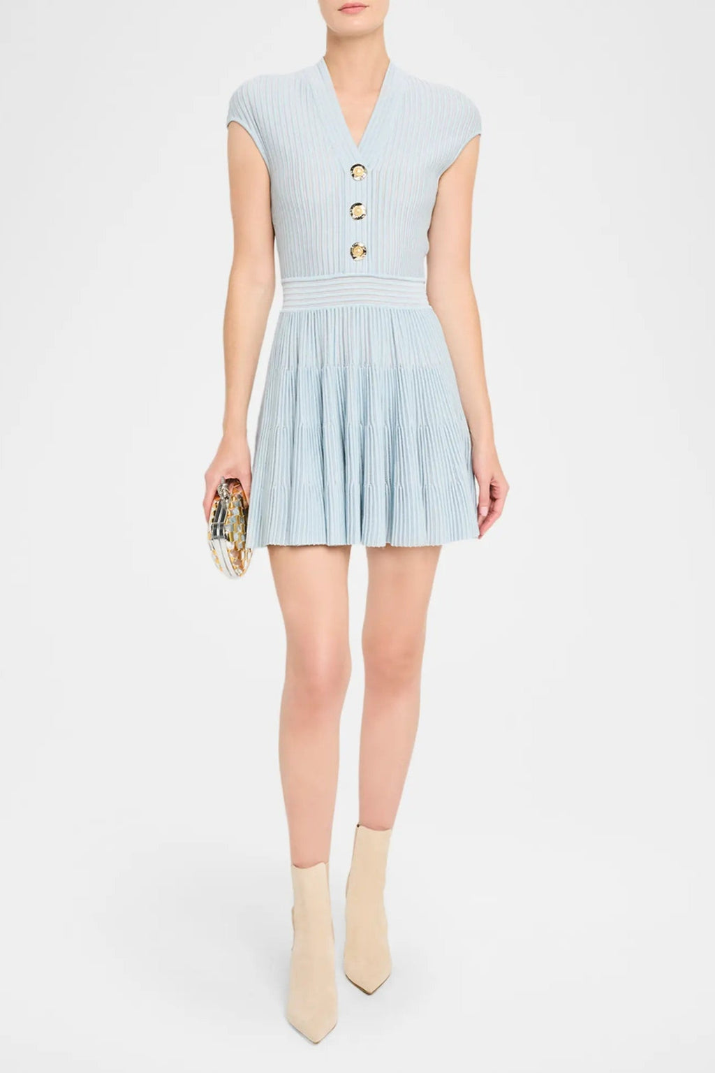 Short-Sleeve Flechage Knit Flare Mini Dress in Blue Avalabel