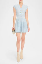 Short-Sleeve Flechage Knit Flare Mini Dress in Blue Avalabel